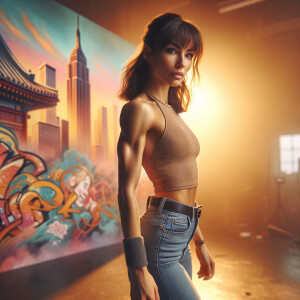 Athletic Thin skinny Attractive, Asian teenage girl, long brown hair and bangs, wearing tight skinny jeans and a halter top paint marks on her clothing, heroic pose Asian graffiti background, side view