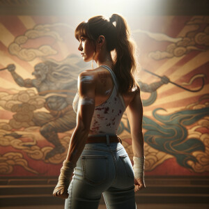 Athletic Thin skinny Attractive, Asian teenage girl, long brown hair and bangs, wearing tight skinny jeans and a halter top paint marks on her clothing, heroic pose Asian graffiti background, backside view