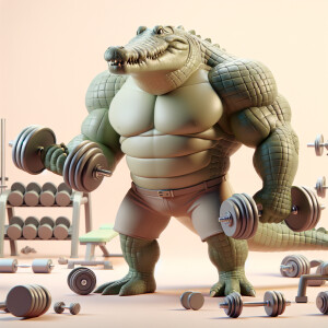 3D animated muscular crocodile lifting weights