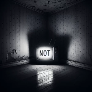 A tube tv in a scary environment that says the word “NOT” on the...