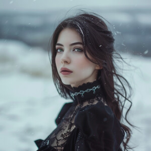 Fair-skinned woman with dark long hair, elegant and composed, st...