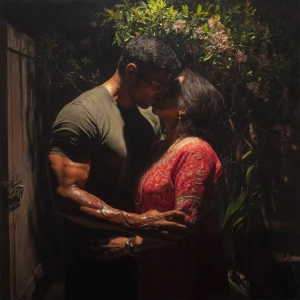 Hyperrealism painting.a muscular sweaty indian man standing in...