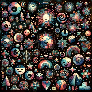 Black background scattered with beautiful watercolor celestial d...