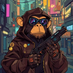 A character with a geometric, faceted face resembling a monkey,...