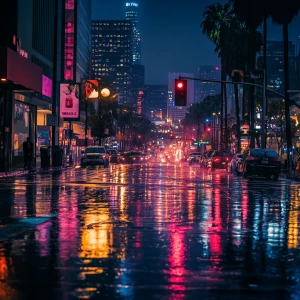 Create an image of Los Angeles in the evening after a rainfall,...
