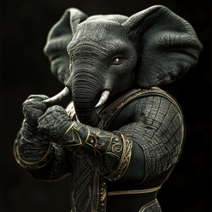 An anthropomorphic elephant  dressed in a fitted black panther c...
