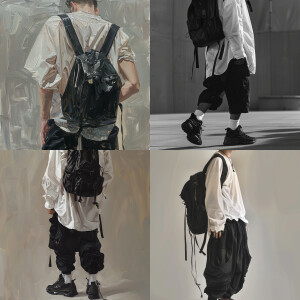 The person is wearing a white shirt, black pants, and has a blac...