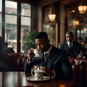 Sophisticated black gentleman drinking tea in a restaurant