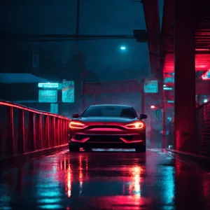 Neon scene of a car on a bridge, medium: digital photography, st...