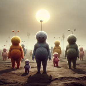 Create a photorealistic image depicting the felted Teletubbies i...