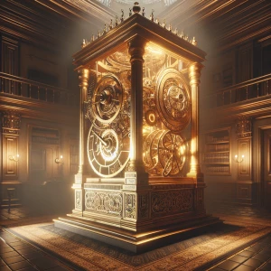 In the dimly-lit room, an intricately designed clockwork contrap...