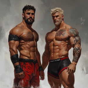 Create an image of two men: The first, a muscular man with a bea...