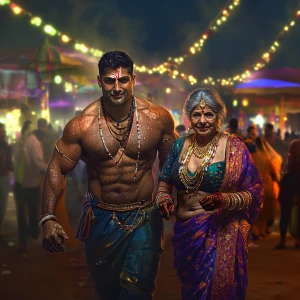 A muscular Gujarati man with glistening sweat on his body, accom...