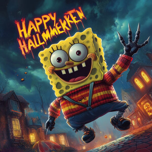 SpongeBob SquarePants is dressed as Freddy Krueger, complete wit...