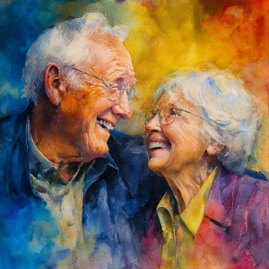 Generate an image of an elderly couple, appearing joyful and at...