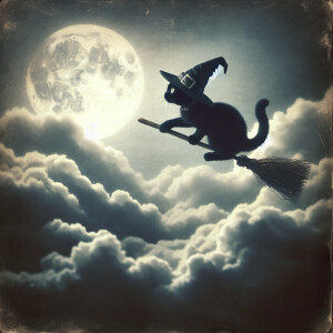 Halloween black cat with witch hat flying on a broom in the sky...
