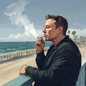 Elon Musk..leaning on boardwalk railing smoking a cigarette, in...