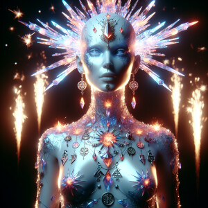 A powerful and ethereal female deity of war crafted from vibrant...