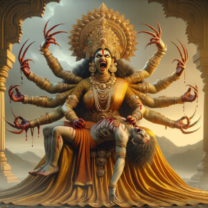 portrait of angry looking, four-armed indian goddess  sitting on a gold crown and carrying a weak mahishasur on her lap and poking his abdomen with her amazingly long red fingernails . She is wearing gold armor, a huge gold crown, gold saree, abundant  gold jewelry, covered in blood. The scene is set in ancient India. The image is 8K resolution, cinematic, photography, ultra detailed face and epic.