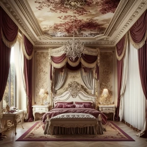 photo of a baroque palace bedroom with canopy bed, baroque class...