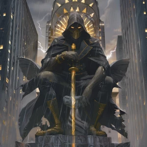 /imagine prompt: Crouched manga-style mystic on a rain-slick gar...