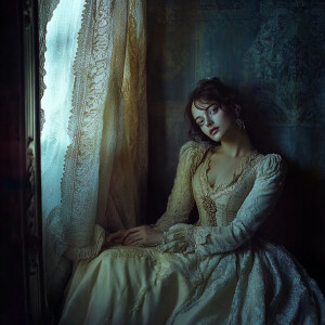 In the dimly lit corner of an opulent, forgotten parlor stands a...