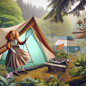 Image of a ginger haired woman comically setting up a tent, with...