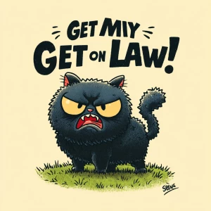 A grumpy cartoon-style cat standing on a lawn, fur fluffed up, o...