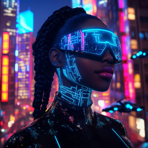 Afrofuturistic cyberpunk portrait, strong dark-skinned woman wit...