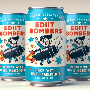Design an energy drink can called‘ Edit Bombers’ with  cute cart...