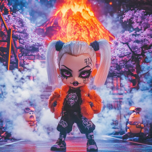 In the style of TOK, a photo editorial dramatic action pose of a...