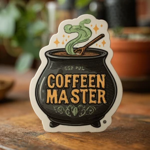Create a sticker for A wizard-like figure brewing coffee in a ca...