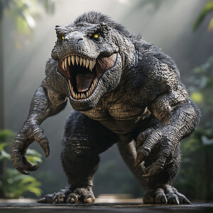 Hyper-realistic fusion of T-Rex and gorilla. Massive T-Rex body...