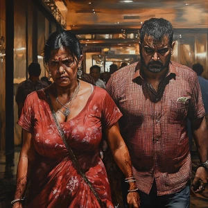 Hyperrealistic painting.A sweaty beefy man walking with his 54 y...