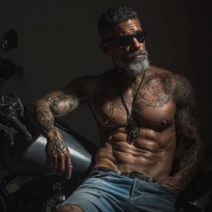 An imposing figure with a chiseled physique reclines confidently...