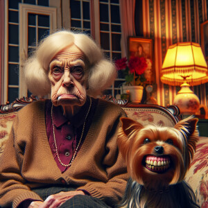 Comical Whimsical old lady with a sullen look sitting in her li...