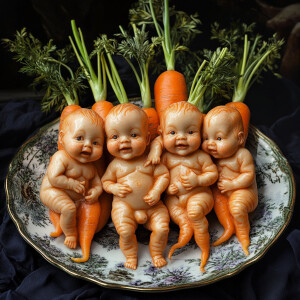 A bunch of carrots in the form of anthropomorphic babies.