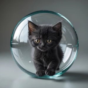 A very small black kitten with grey-yellow eyes who is playing i...