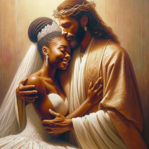 Imagine a hyper-realistic oil painting that captures a tender moment between theAfrican American bride and her God. The setting is intimate and filled with soft, warm lighting that enhances the emotional depth of the scene. The bride, in herexquisite wedding gown, shares a heartfelt embrace with her african-American Lord Jesus , who is dressedin an elegant outfit that complements the wedding's color scheme. Their expressions are full of love, pride, and joy, reflecting the special bond between them. Theattention to detail is paramount, from the intricate designs of their dresses to the subtle emotions conveyed in their facial expressions. The background is a blur ofgentle pastel hues, ensuring that the focus remains on this touching moment. Thispainting should convey the warmth, love, and depth of the relationship, with the rich textures and vibrant strokes characteristic of oil paintings, capturing the essence of this significant pre-wedding moment.