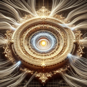 A shimmering, golden-lit time portal flickers with ethereal ener...