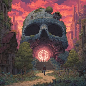 a colossal skull-shaped floating structure looms over a glowing...