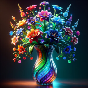 A vibrant and whimsical bouquet of glossy, multicolored flowers, each petal radiating joy in a spectrum of red, pink, blue, purple, orange, and yellow hues, assembled in a reflective, curved glass vase. The stems and leaves are rendered in rich, lifelike greens, contrasting beautifully with the brightly hued petals. The vase, positioned on a dark surface, holds a magical arrangement where the lower half is filled with layers of sparkling, jewel-toned crystals, creating a rainbow gradient from green to blue to fiery orange. Each flower seems to have a character of its own, contributing to a cheerful and enchanting composition that exudes the essence of a dreamy, enchanted garden.