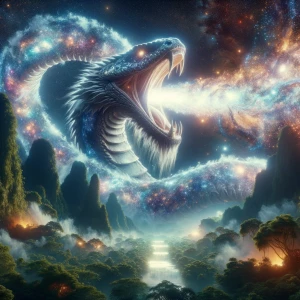 An enormous celestial serpent coils endlessly in the night sky,...