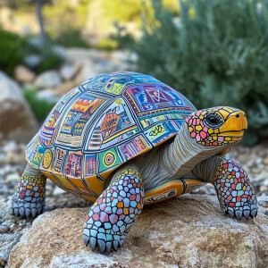 A single tortoise with a pop art style shell. The shell features...