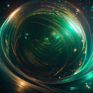 A  futuristic deep space probe glows with a shimmering metallic...