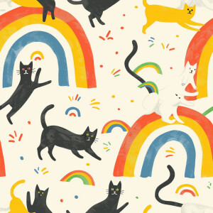 A pattern of cats and rainbows