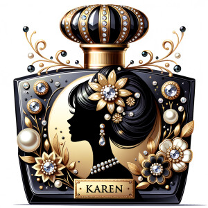 Design a fancy, black and gold bottle of perfume in the shape of a woman’s body. With a golden diamond top, flowers pearls and Diamonds in the name, Karen