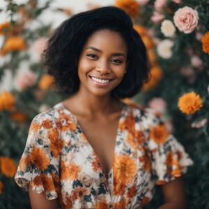 A cute woman

Californian

Smiling 

Clothes: Floral Dress

Look...