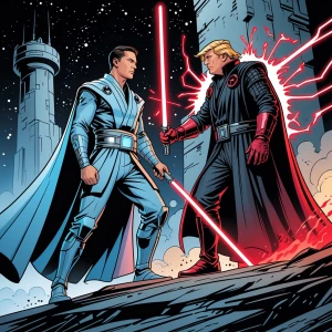 Dynamic comic book-style scene inspired by Star Wars, featuring...
