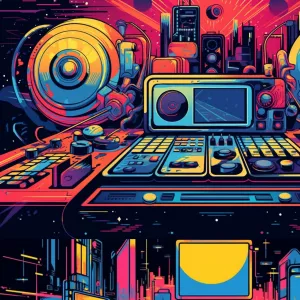 A retropunk illustration of a futuristic DJ set, blending vintag...